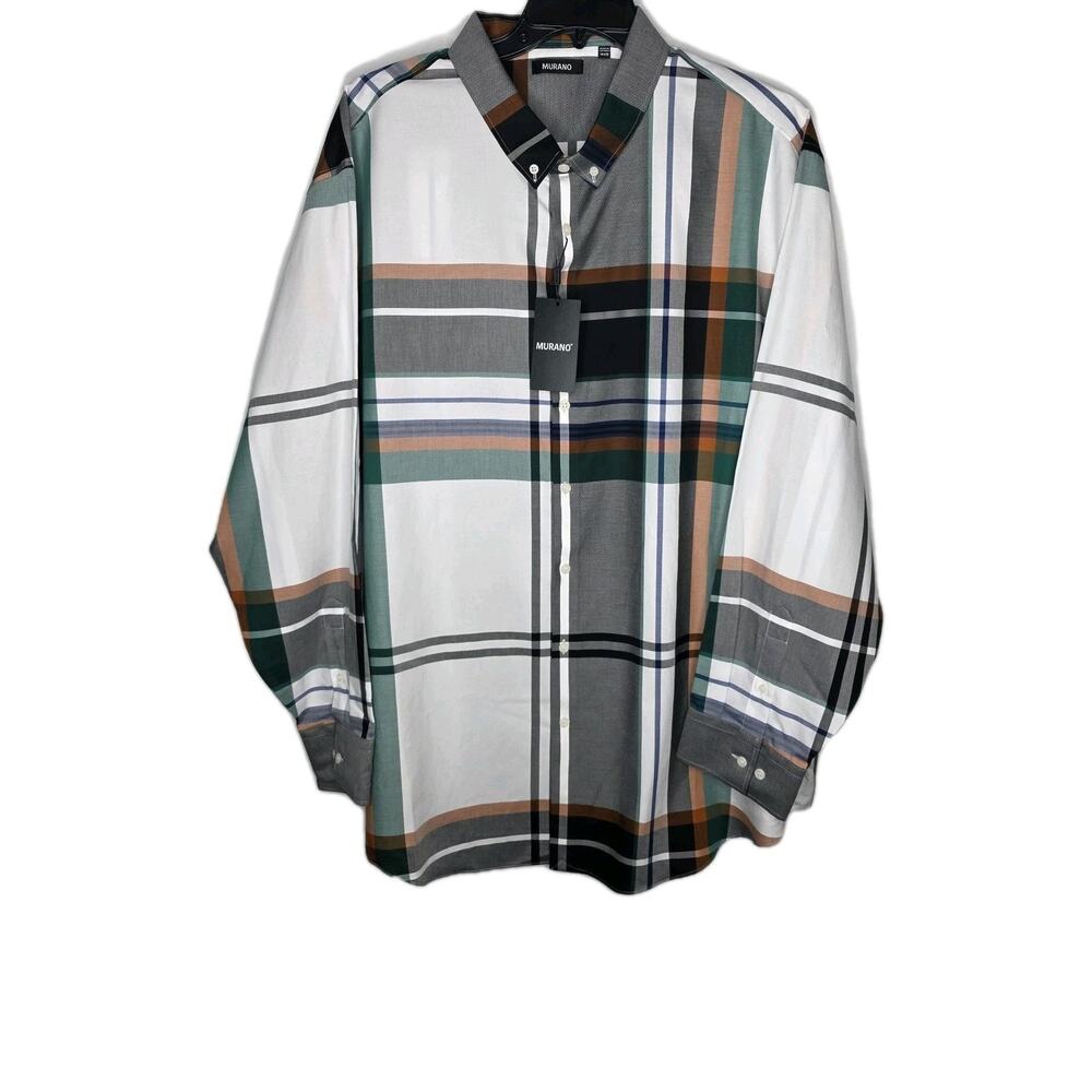Murano Shirt Mens 4XB Plaid Black Gray Green Cotton Long Sleeve Button Down